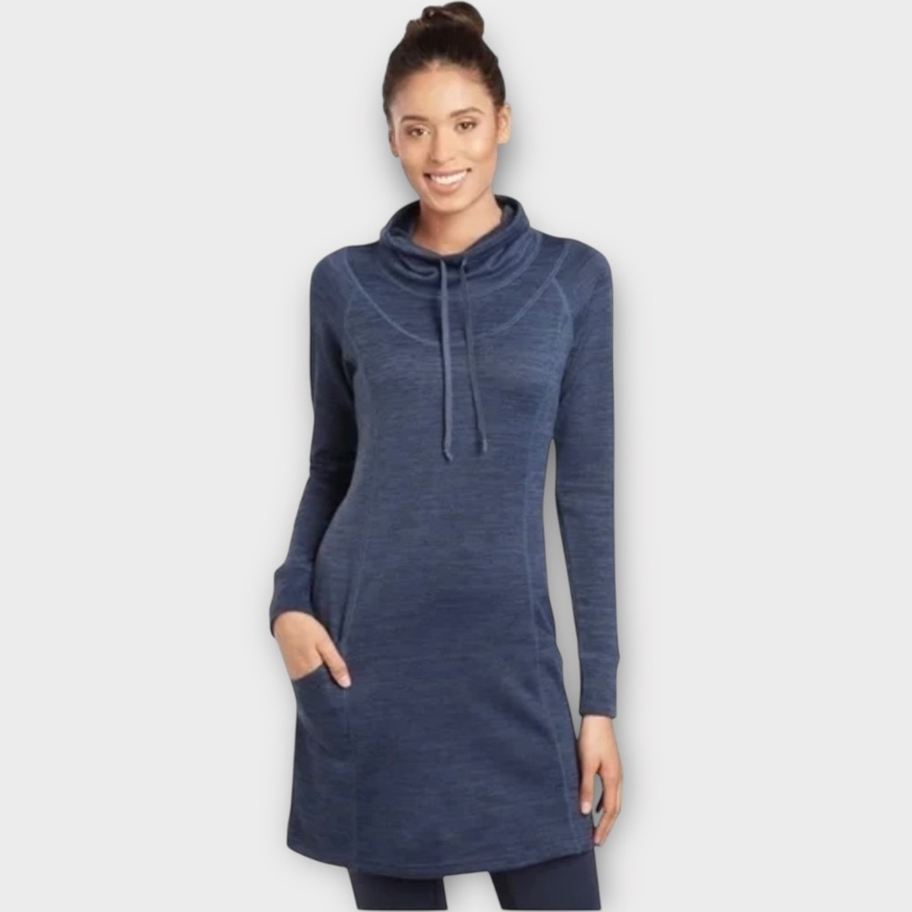 KUHL Lea Dress L Navy Blue Long Sleeve Sweater Dress Cowl Funnel Neck Tunic Cozy